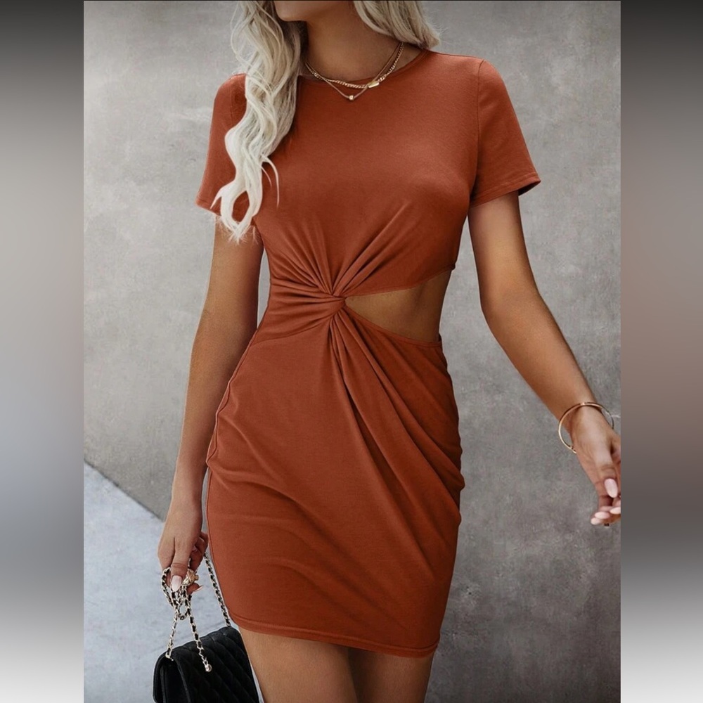 SHEIN Rust Twist Cut-Out Mini Dress (L)